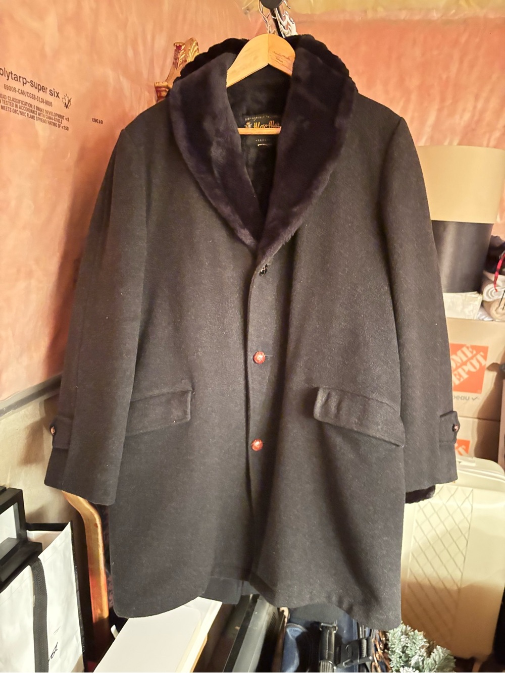 Men's Black Wool Pea Coat with Faux Fur Collar